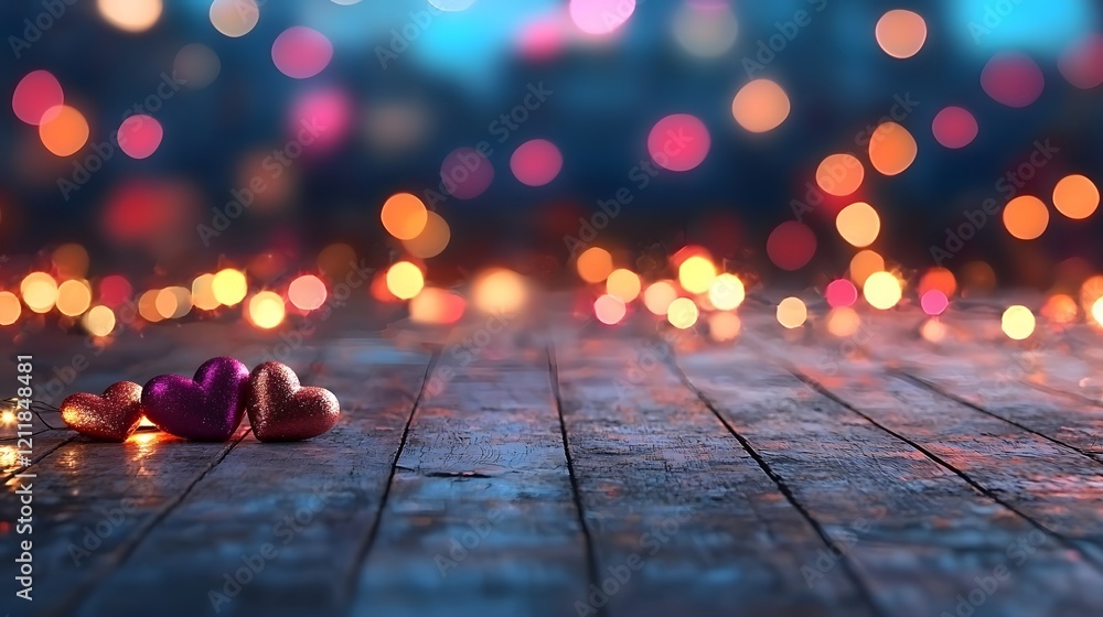 Poster elegant and festive valentine s day background with colorful glossy hearts shimmering bokeh lights a