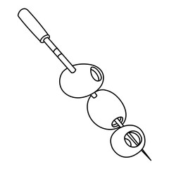 skewer with pitted olives. A sharp stick with strung berries. The berries are contoured like an appetizer. Three olives on white. A hand-drawn outline. Contour illustration on a white background