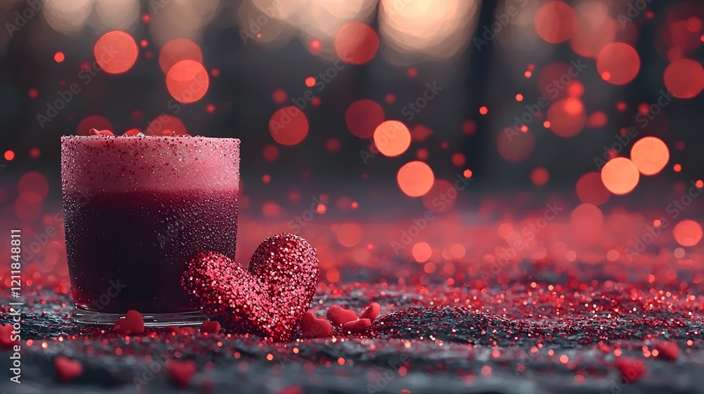 Aufkleber Sparkling Valentine s Day romantic background with colorful glossy hearts glowing bokeh lights and a deep red and magenta gradient  Elegant and festive design for holiday themes