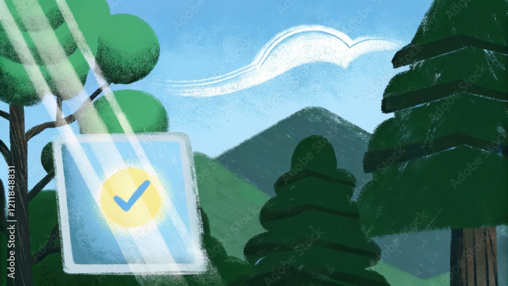 Poster Digital checkmark in nature scene with mountains and trees