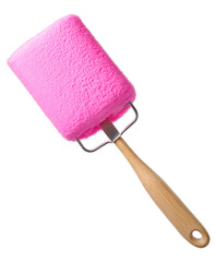 Pink cleaning sponge on wooden handle