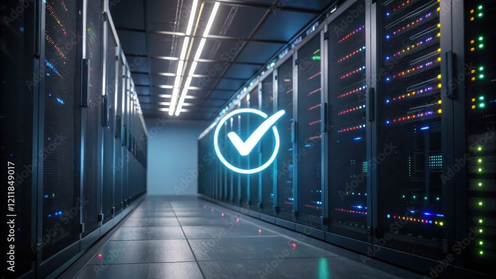 Poster data center with servers and a check mark symbol.