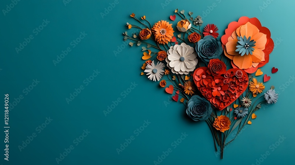 Poster vibrant floral paper hearts with intricate patterns elegantly arranged on a bright and festive backg