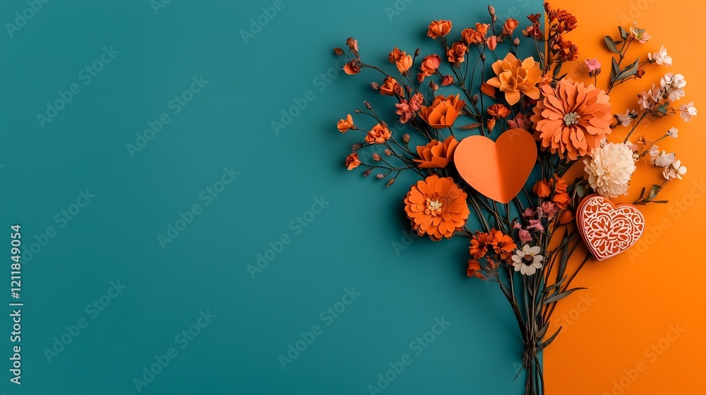Poster vibrant floral paper hearts with intricate patterns elegantly arranged on a bright and festive backg