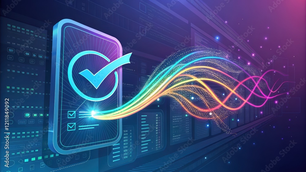 Poster digital checkmark with colorful wave design.