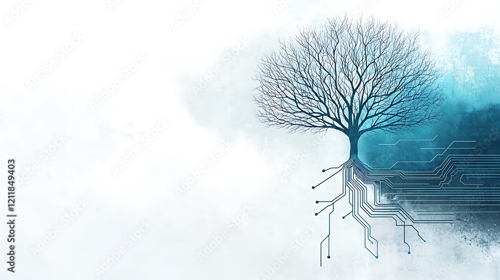 Poster a captivating fusion of nature and technology, depicting a digital tree emerging from a circuit boar