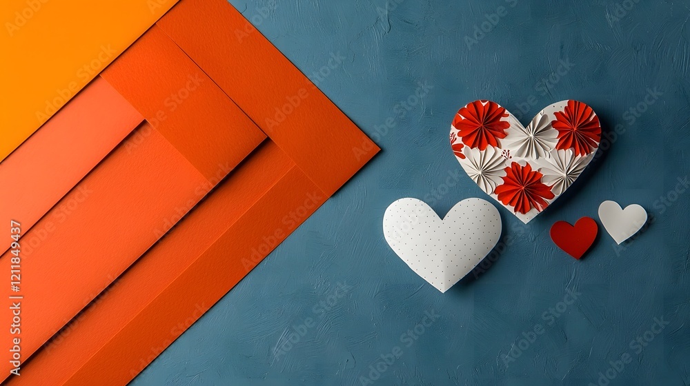 Poster charming floral patterned paper hearts in red pink and white colors scattered on a vivid and colorfu