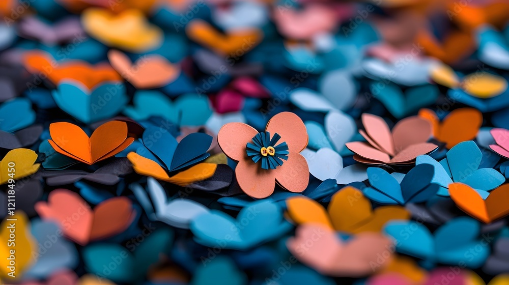 Poster vibrant floral patterned paper hearts scattered on a colorful background creating a charming cheerfu