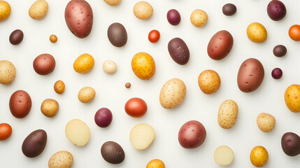Colorful potato varieties arranged on white background; overhead shot; food blog, recipe website, cookbook