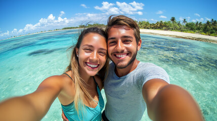 Fototapeta premium Young Couple Taking a Selfie on a Tropical Beach