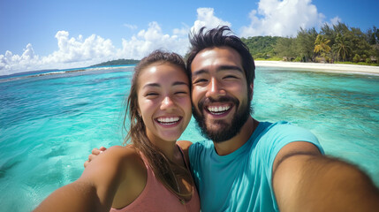 Obraz premium Young Couple Taking a Selfie on a Tropical Beach