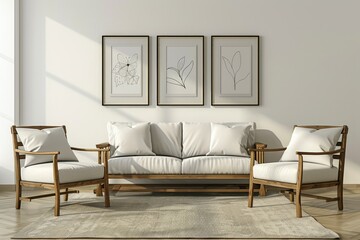 High Quality Picture of a Living Room with a Couch,Chairs,And Pictures on the Wall