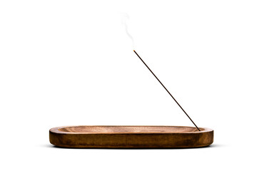 Burning incense stick in a decorative wooden holder isolated from background