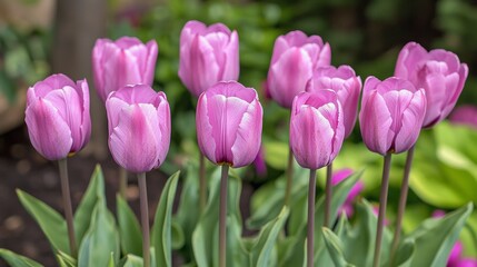 Fototapeta premium Delicate purple tulips flourish under the warm morning sun, showcasing their vibrant petals and graceful green leaves in a picturesque spring setting. Nature's beauty shines in full bloom