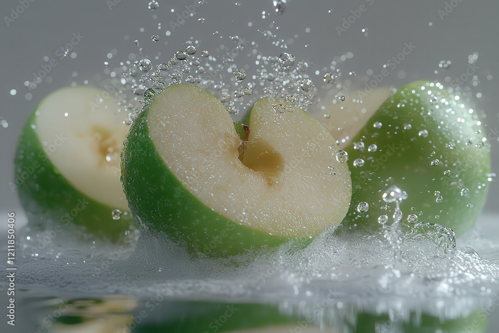Poster sliced green apples submerged in sparkling water, creating a refreshing and vibrant image. perfect f