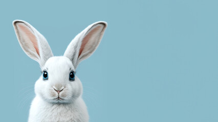 Fototapeta premium White Easter Bunny with long Ears on blue background