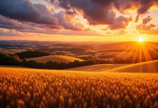 Golden wheat field with a sunset and cloudy sky