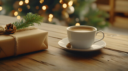 Cozy Christmas morning coffee and gift