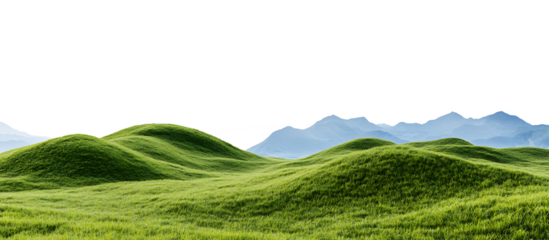 Rolling green hills and distant mountains.