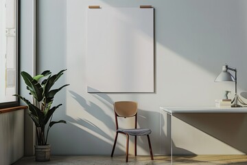 A White Poster on the Wall of a Room with a Chair and a Desk with a Chair