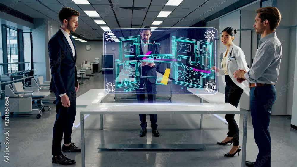 Poster collaboration in a high-tech office with augmented reality display during a brainstorming session