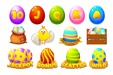 Set of slot symbols for Easter themed slot machines. Easter holiday symbols. Eggs, chick, playing card symbols, wooden box and bag