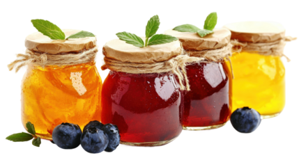 Colorful jars of homemade fruit jams displayed on a white background with blueberries nearby isolated on transparent background