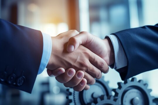 Two businessmen shaking hands, with gears in the background, symbolizing a successful partnership in an industrial setting
