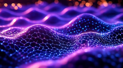 A digital mesh of hexagons each with glowing purple background