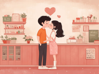 A cartoon-style illustration of a couple standing in a cozy, well-decorated room.