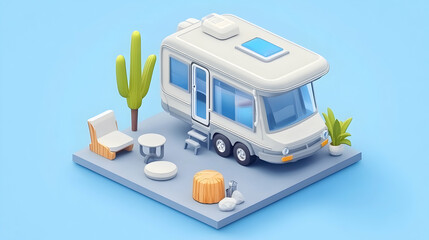 Desert RV Camping Relaxation; Isometric illustration of a motorhome parked near a cactus, offering a tranquil desert escape for travel blogs or vacation planning websites