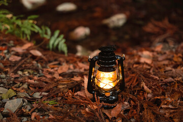 By the riverbank, lit lanterns, autumn camp