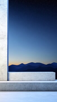 Serene twilight landscape viewed through minimalist concrete frame. AI Generated