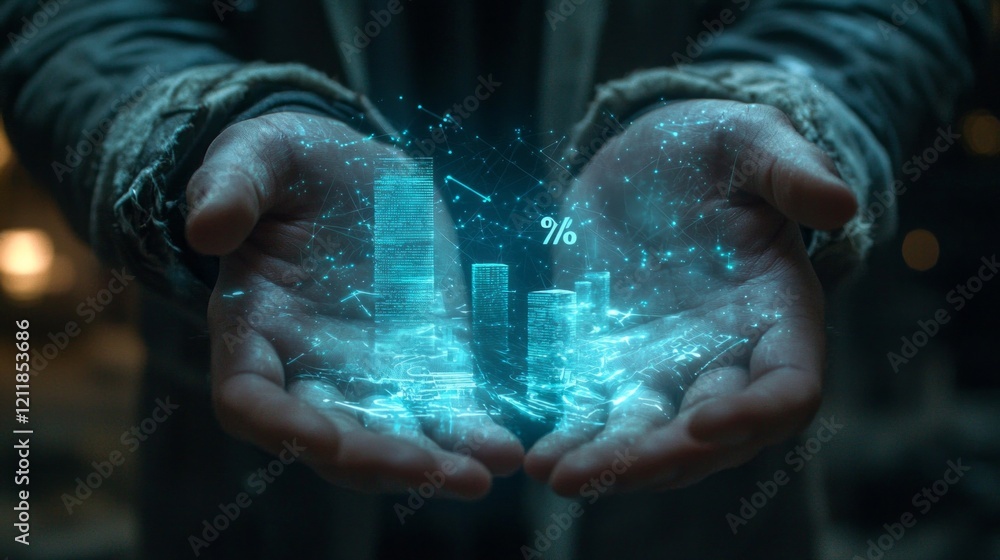 Poster hands of a businessman present a stunning holographic display of financial data, showcasing bar grap