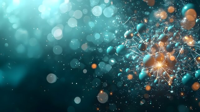 of a quantum model depicting the exchange of gluons between quarks a fundamental interaction in particle physics  The abstract design leaves clean copyspace on the left side of the image