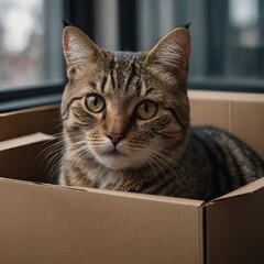 cat in box. A kitten peeking out of a cardboard box in a cozy living room.
