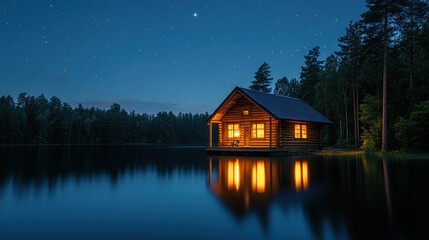 Obraz premium Secluded log cabin on a tranquil lake at night, illuminated windows reflecting on calm water under a starry sky.