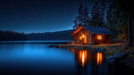 Fototapeta premium Secluded log cabin on a tranquil lake at night, illuminated by warm interior light, stars visible in the sky.