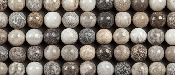 Decorative pattern of polished natural stone spheres in various shades of grey, brown and white creating a geometric texture on dark background. Generative AI