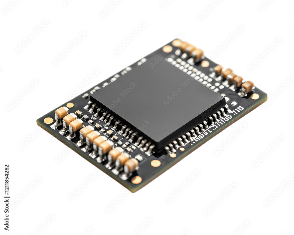 Poster microchip electronic component with pins and circuit design, isolated on transparency background. id