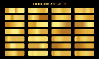 Golden gradients set. Metallic gold gradients. Elegant gold gradients collection.The texture of a smooth metal surface. A collection of gold metallic gradients. Vector illustration
