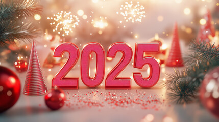 A close up of 3D pink numbers reading "2025" surrounded by festive decorations