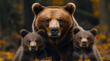 Obraz premium grizzly bear family portrait, three bears, mother bear with cubs, detailed fur texture, sharp focus, golden autumn background, majestic wildlife, intense gaze, National Geographic style, dramatic 