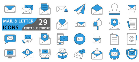 Mail and Letter icon set. Set of icons related to mail, email, postal letter and others. Vector illustration.