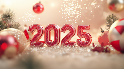 Festive image for New Years 2025, with red, sparkly numbers resting in snowy decorations. 