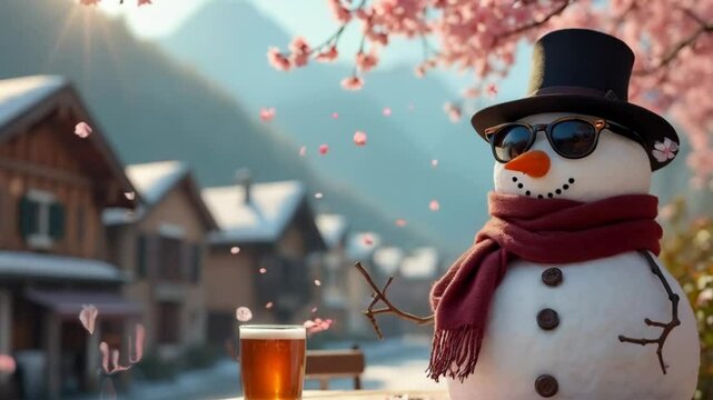  a snowman in a black hat, black glasses and a bard scarf sits at a table under a cherry blossom tree