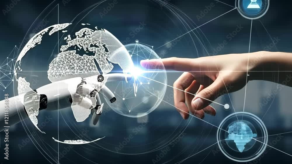 Poster touch, globe and robot with human hand for connection, technology and future. artificial intelligenc
