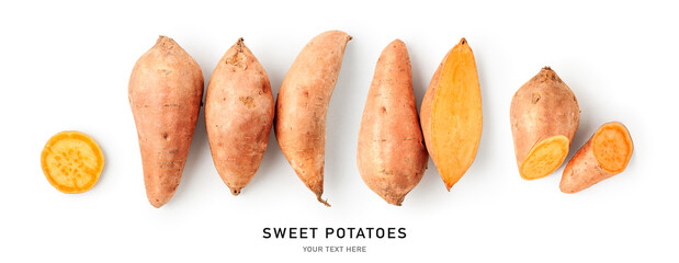 Sweet potato collection photography isolated on white background.