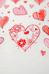 A close-up of a hand-drawn cluster of hearts in varying sizes and styles. The central heart is filled with intricate flowers and leaves, using shades of red, pink & orange, creating a romantic design.