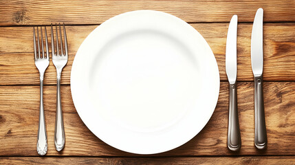Empty plate, cutlery, wooden table, overhead view, restaurant setting, menu design